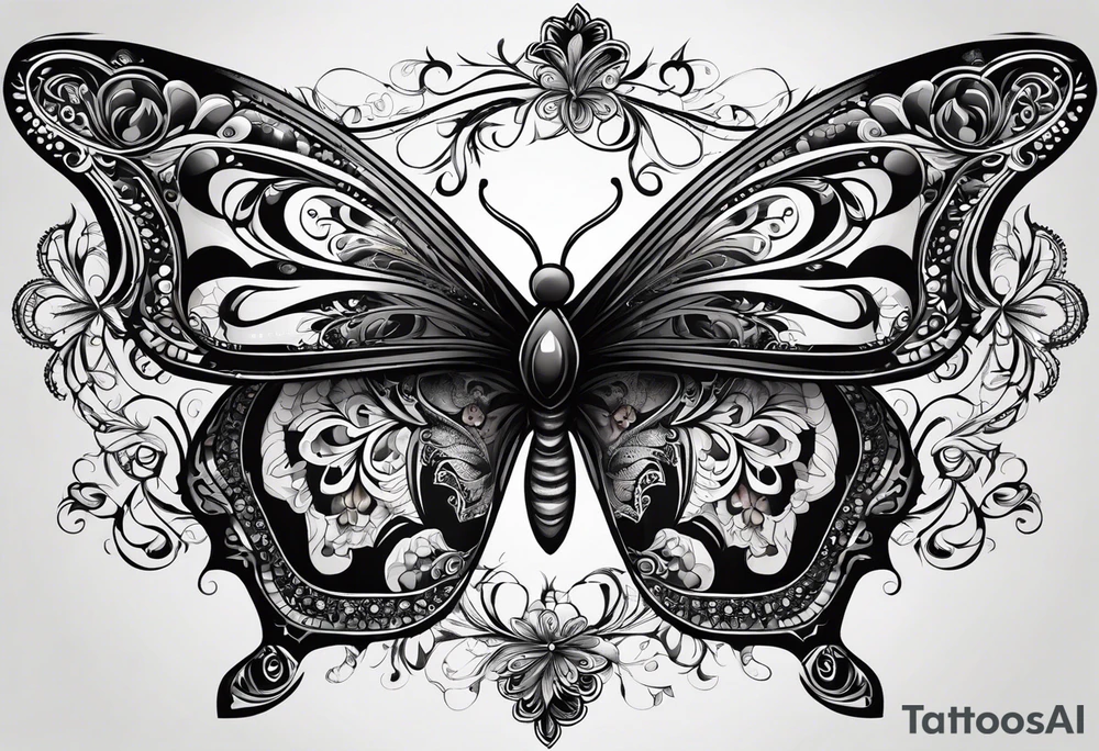 Dark ornamental, borboleta abstrata com uma adaga vertical centralizada no meio da horboleta tattoo idea