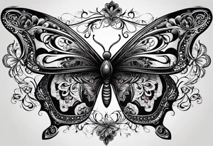 Dark ornamental, borboleta abstrata com uma adaga vertical centralizada no meio da horboleta tattoo idea