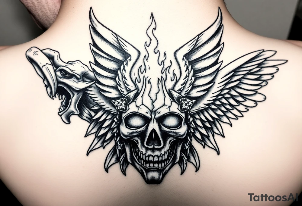 Realistic neck tattoo design. On one side, near one ear, a screaming demon facing inward. On the other side, near the other ear, a screaming angel facing the demon. Between them, in the center of the front neck, a cracked ancient mask with fire and light emerging from inside, symbolizing inner conflict and balance between good and evil. Highly detailed black and grey style, fine line shading, symmetrical, intense emotion, realistic texture. tattoo idea