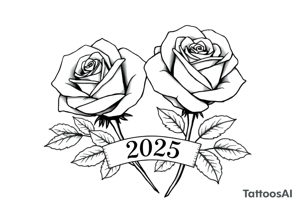 two beautiful large rose buds, one larger than the other, with lots and lots of leaves next to the rose buds, with one sitting slightly higher than the other, side-by-side.  Include a banner connecting the two roses with the year 2025 on it.   Use dark outlines with little shading. No stems tattoo idea