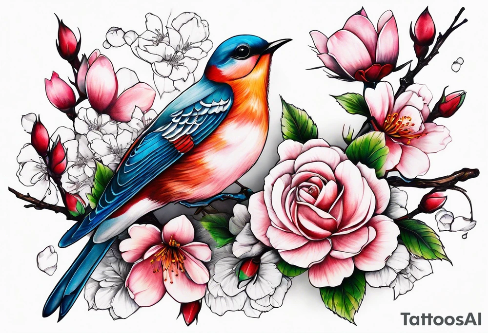 Japanese cherry blossom with birds, butterflies and rose tattoo idea