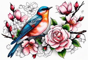 Japanese cherry blossom with birds, butterflies and rose tattoo idea