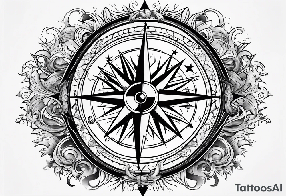 compass surrounded by stars and waves tattoo idea