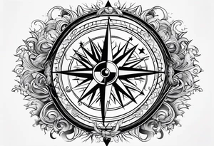 compass surrounded by stars and waves tattoo idea