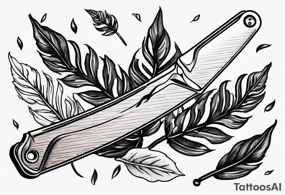 a straight razor lies on oak leaves tattoo idea