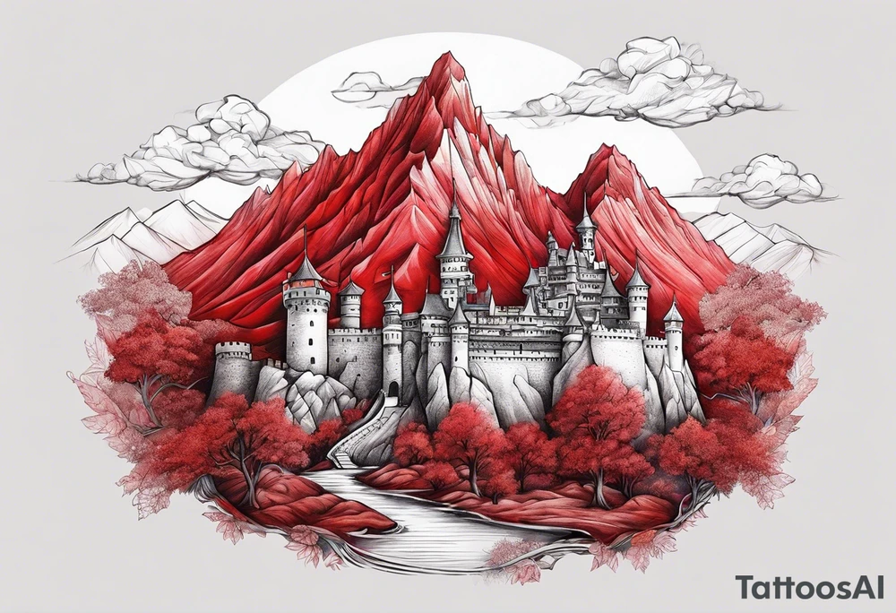 red mountains which there are two fantasies castles. tattoo idea