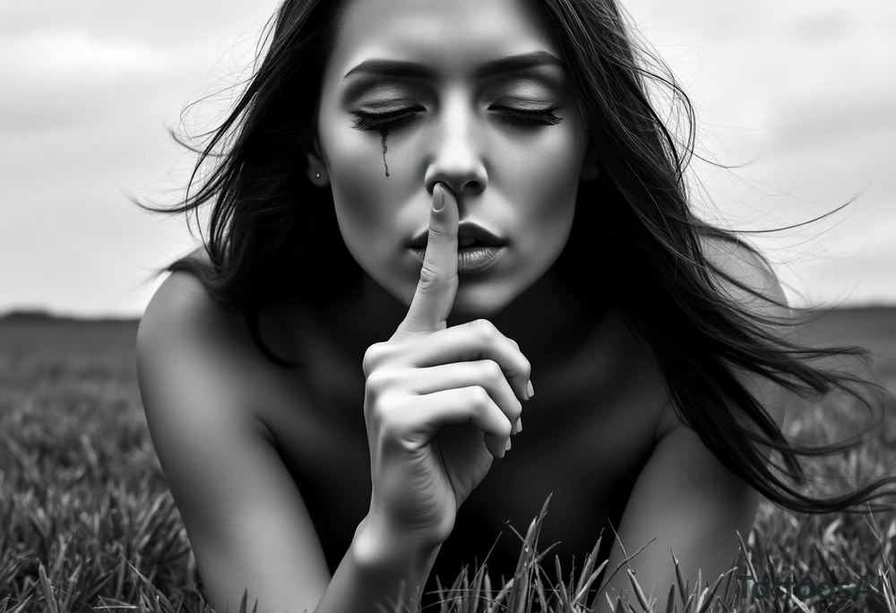 Theme: A powerful portrayal of the "See No Evil, Hear No Evil, Speak No Evil" concept, interpreted as a deliberate choice of selective perception and silence. The direct gaze and front-facing pose draw the viewer into her deliberate act of willful ignorance and secrecy.
Placement:  full front / full front thigh piece
Style realism black and grey).
Vibe: Striking,beautiful, and serene.
The Woman:
Pose: Kneeling on the grass, facing fully forward toward the viewer. The depiction will focus on her face, neck, upper chest, and torso.
Hair: Long hair flows forward and out to the sides, caught by the wind. It frames her face and shoulders.
Face - Eyes: Eyes are closed, emphasizing her active choice to close herself off.
Face - Nose/Mouth: A finger is held vertically to her lips in a "shush" or "don't speak" gesture, prominently visible centered on 
  Ears are seen bleeding and blood stains in the side in her left cheek 
Background/ Environment:
 Lush green grass where she is kneeling, at the very bottom of the composition.
Flowers roses and Beautiful  plumeria flowers bloom around her kneeling form,  framing her hips or flowing near the grass line. As the sun is setting 
Butterflies: Different sized butterflies flutter in the space around her chest and hair, adding organic movement.
Essential References & Inspiration
Examples of hair blowing forward in the wind, framing the face and chest.
Specific examples of the "shush" finger-to-lips pose from a front angle.
 pink plumeria and various butterflies. tattoo idea