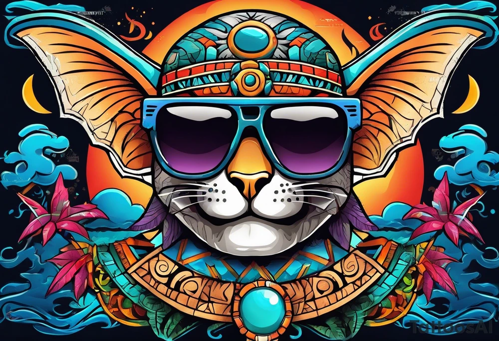 Colorful Mayan hieroglyph wearing sunglasses with bats and water tattoo idea
