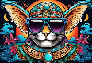 Colorful Mayan hieroglyph wearing sunglasses with bats and water tattoo idea