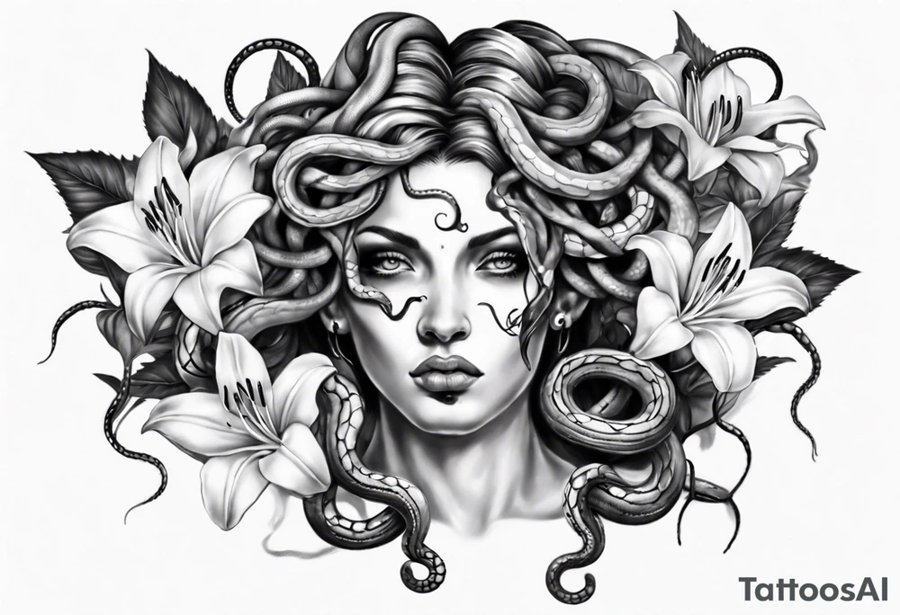 Medusa with white pupils and snake hair. Lilies tattoo idea