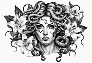 Medusa with white pupils and snake hair. Lilies tattoo idea