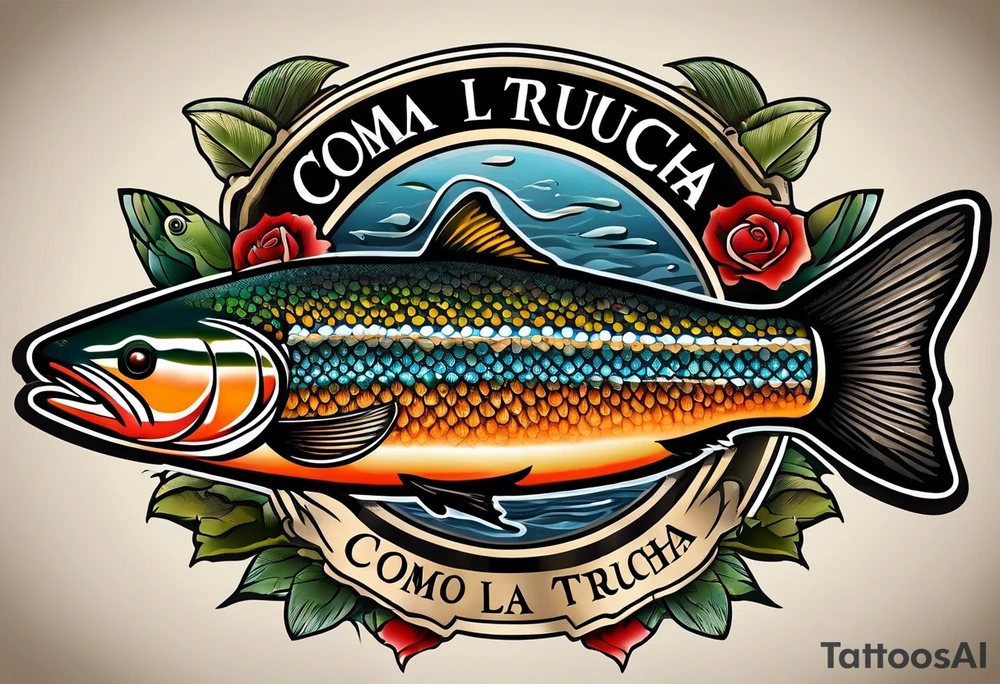 A small tattoo with a shaded trout and text that says, 'Como la trucha...' drawn with fine lines." tattoo idea