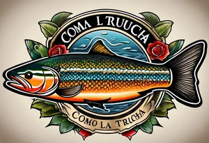 A small tattoo with a shaded trout and text that says, 'Como la trucha...' drawn with fine lines." tattoo idea