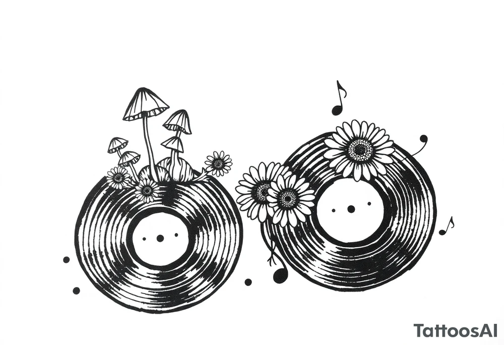two overlapping vinyl records with mushrooms, sunflowers, and music notes tattoo idea