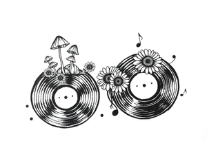 two overlapping vinyl records with mushrooms, sunflowers, and music notes tattoo idea