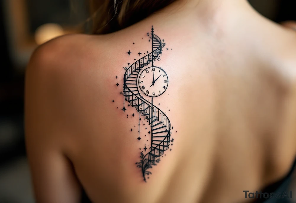 A spiral staircase leading to a clock face, where the hours are replaced by meaningful life events. tattoo idea