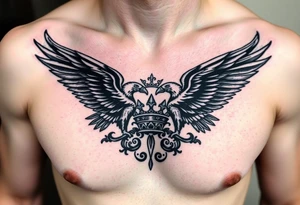 Chest tattoo,powerful two polish symetricals majestic darks eagles, surrounded by lure ornaments , between eagles a crown tattoo idea