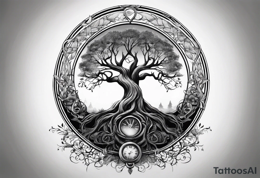 circle of life tree with the roots of the tree wrapped around a hour glass tattoo idea