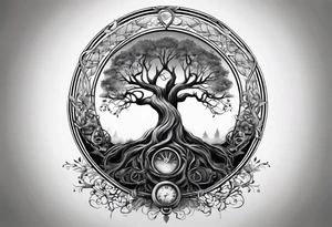 circle of life tree with the roots of the tree wrapped around a hour glass tattoo idea
