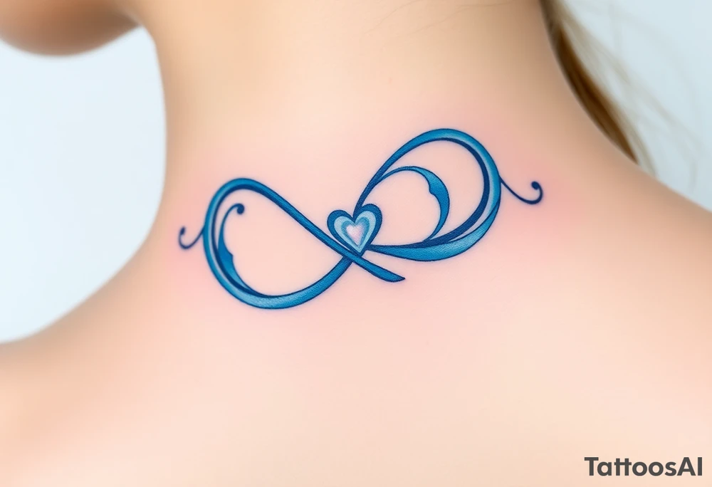 A blue infinity symbol made of delicate waves, with a small heart-shaped pearl tattoo idea