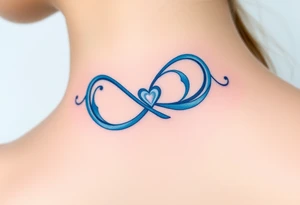 A blue infinity symbol made of delicate waves, with a small heart-shaped pearl tattoo idea