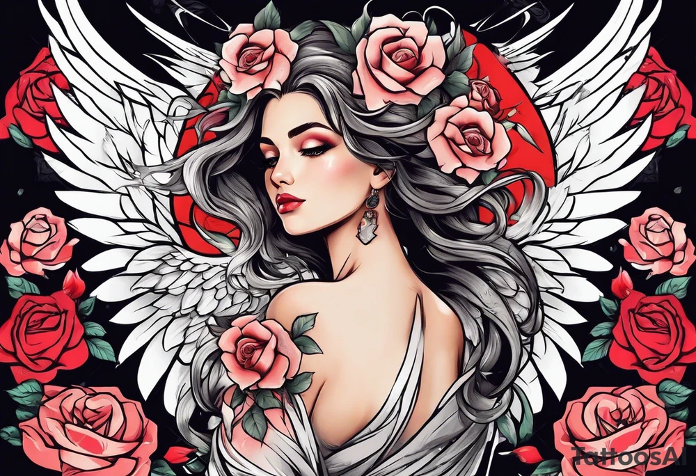 Beautiful woman angle with wings standing surrounded by roses tattoo idea