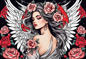 Beautiful woman angle with wings standing surrounded by roses tattoo idea