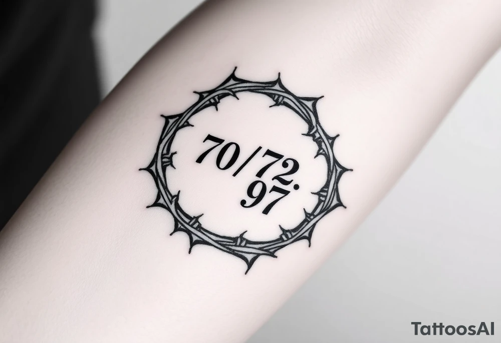 Wreath of thorns with barbed wire and in the center of the wreath in Old English numbers 70, 72, 97 tattoo idea
