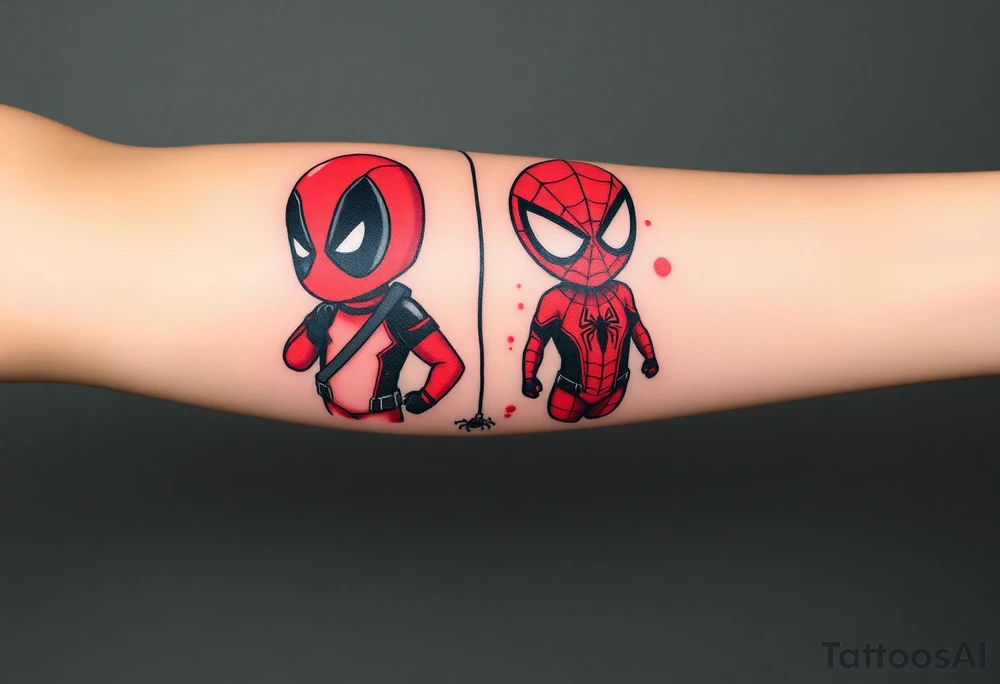 Project: Upper Arm Half-Sleeve Tattoo (Chibi Marvel Duo)
Placement: Upper Arm (Shoulder cap down to just above the elbow)
Reference Images: Chibi Deadpool (Image 1) and Chibi Spider-Man (Image 2)
Design Request & Layout:
* Please stack the characters dynamically to fit my upper arm. I'd like Deadpool positioned near the top/shoulder cap, and Spider-Man sitting near the bottom/above the elbow.
* Use the dangling spider and its web thread, along with loose, energetic construction lines, to transition between the two characters and wrap the design around the arm.
Art & Color Style:
* Linework: Please harmonize both characters into a singular, unified style—blending Deadpool's clean comic ink lines with Spider-Man's raw, cross-hatched sketchbook aesthetic.
* Color: The base of the tattoo should be gritty black-and-grey sketch shading. However, I want vibrant pops of red on their suits.
* The Splatter Effect: Instead of keeping the red cleanly inside the lines, please style the red color as a loose, dynamic watercolor/ink splatter effect that bursts out past their outlines and fades into the negative skin space. tattoo idea