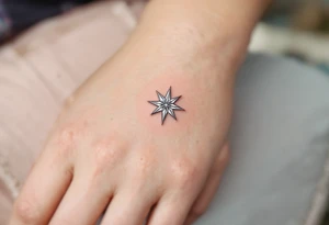 A silver eight-pointed star tattoo suggests clarity, intuition, and a lunar connection. tattoo idea