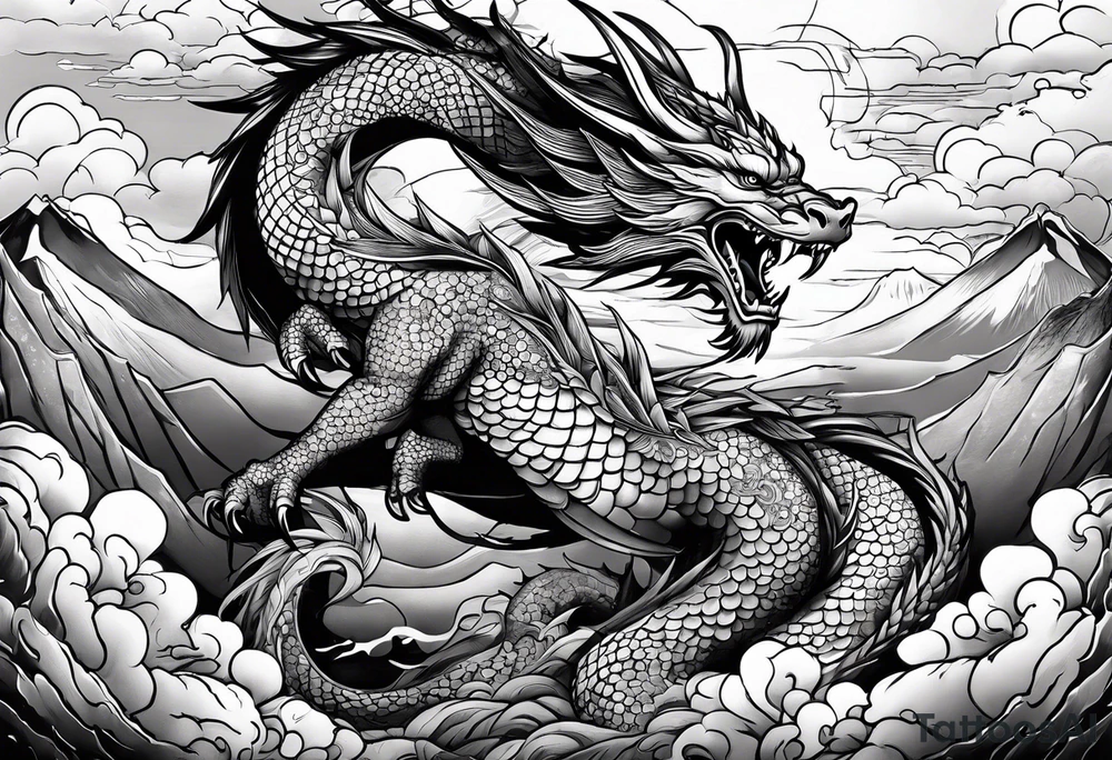 beautiful warrior nymph riding a dragon and the background will be mountains, clouds, and a Japanese building tattoo idea