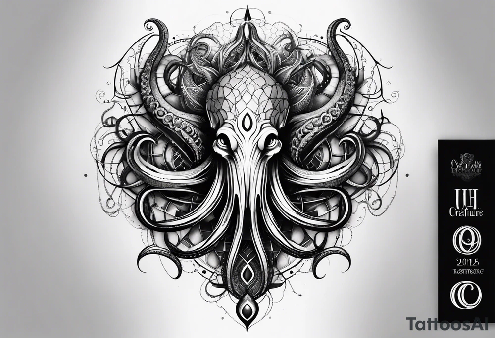 Long tattoo for forearm. Lovecraftian creature, with technological elements. Tentacles protect a heart. tattoo idea