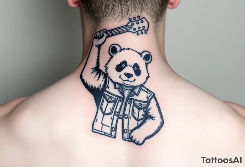 Panda bear wearing a denim vest, holding a bass guitar over his head tattoo idea