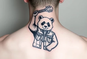 Panda bear wearing a denim vest, holding a bass guitar over his head tattoo idea