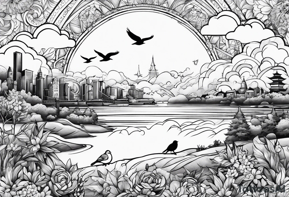 stars, clouds, birds, city tattoo idea