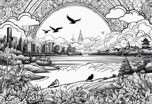 stars, clouds, birds, city tattoo idea