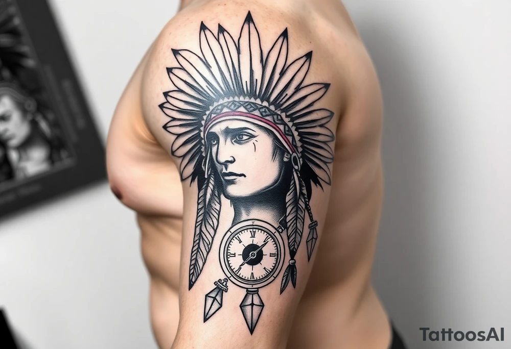 Indian headdress in the sun a compass and a clock and arrowhead tattoo idea
