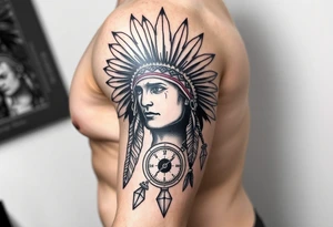 Indian headdress in the sun a compass and a clock and arrowhead tattoo idea