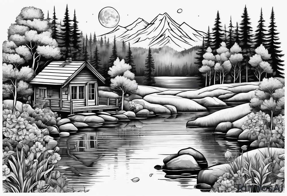 Hidden garden with lake and small cabin in woods with moon and mountains tattoo idea