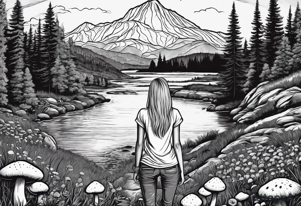 Straight long blonde hair hippie girl in distance holding mushrooms in hand facing away toward mountains and creek surrounded by mushrooms tee shirt and hiking pants; whole rendering within a full circle, no cut off circle tattoo idea
