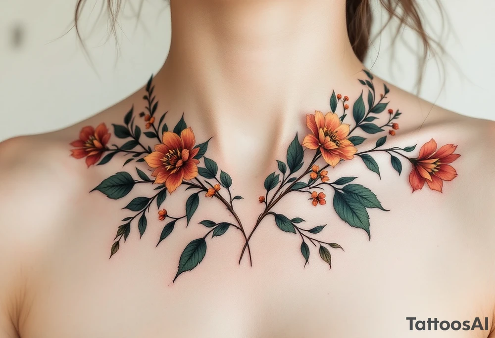 Two separate collarbone tattoos of long, stems and branches covered with red, orange, yellow and dark forest green leaves and flowers, academia, witchy, muted, delicate and gentle but moody, long and thin, following the collarbone. More muted, not so bright, darker colors tattoo idea