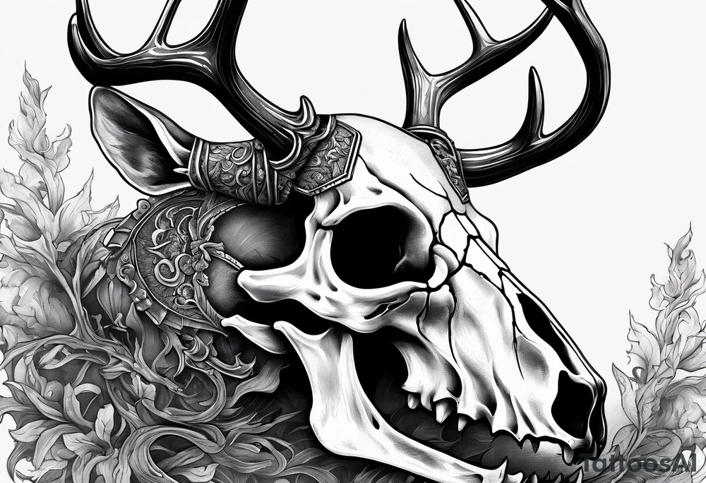 A side view of a decayed deer skull with no skin JUST BONE surrounded by fire in background tattoo idea
