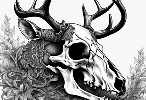 A side view of a decayed deer skull with no skin JUST BONE surrounded by fire in background tattoo idea