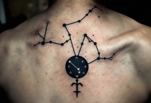 A dark blue Virgo constellation floats above the zodiac symbol carved in moss green near the collarbone. tattoo idea