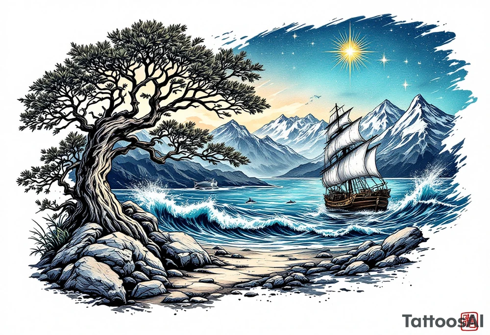 tattoo that has an acacia tree with mountains, ocean with a ship wreck with sharks and the northern star tattoo idea