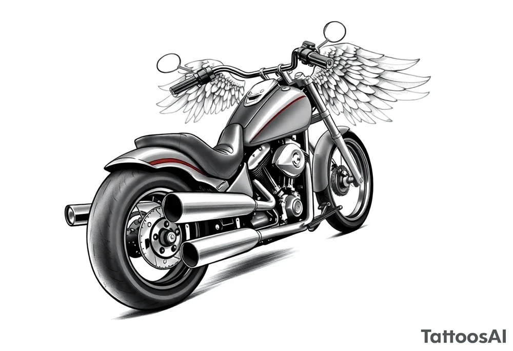 Low rider grey motorcycle, big muffler pipes with flames, angel wings, driving away, no person tattoo idea