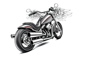 Low rider grey motorcycle, big muffler pipes with flames, angel wings, driving away, no person tattoo idea