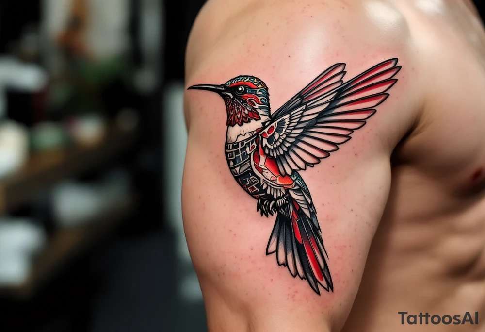 A hummingbird with one side appearing normal and the other side carved in Egyptian stone (red and black only) tattoo idea