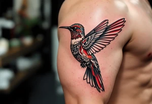 A hummingbird with one side appearing normal and the other side carved in Egyptian stone (red and black only) tattoo idea