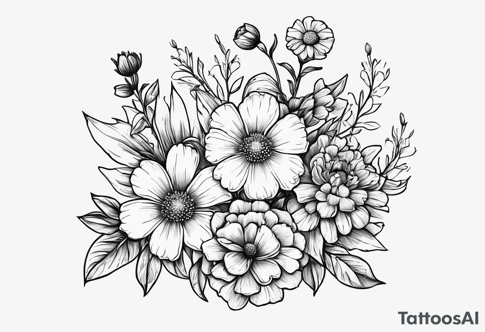 a simplistic bouquet of forget me not flowers, carnation flowers, and aster flowers with a stem that goes into the phrase “papa 09/17/52 - 01/17/24” tattoo idea